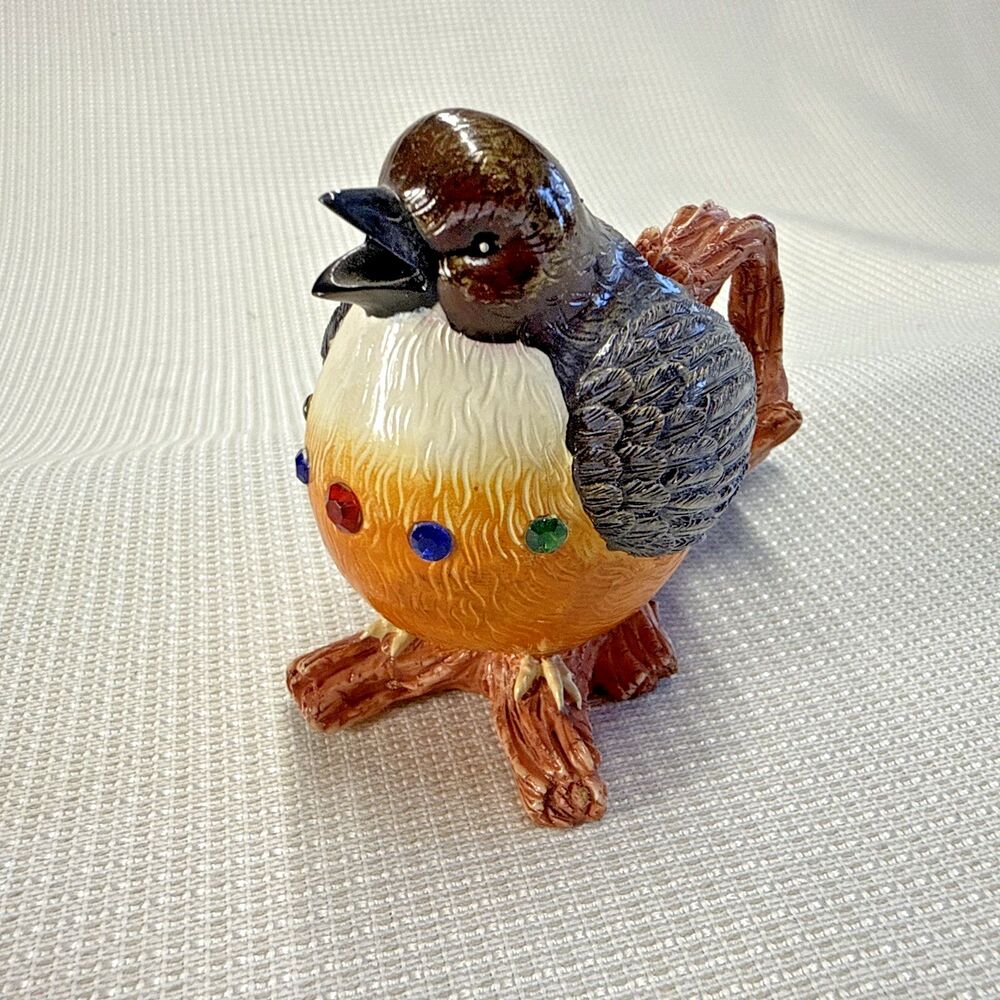 NiNi Miniature Bird Robin Resin Trinket Holder Mini Teapot Hand Painted - No Lid